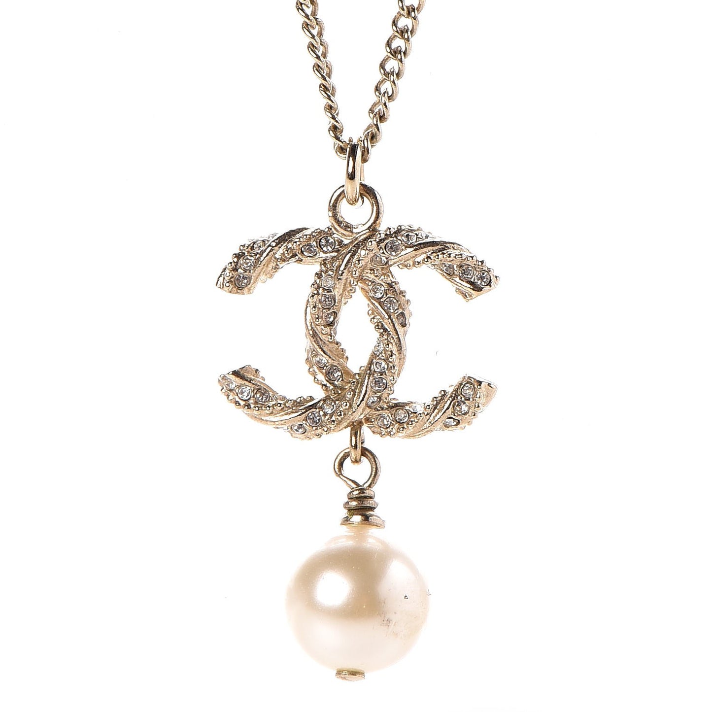 Pearl Crystal Twisted CC Drop Necklace Gold