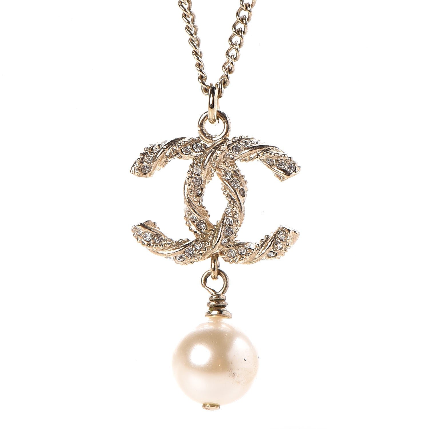 Chanel Pearl Crystal Twisted CC Drop Necklace Gold 4 of 5