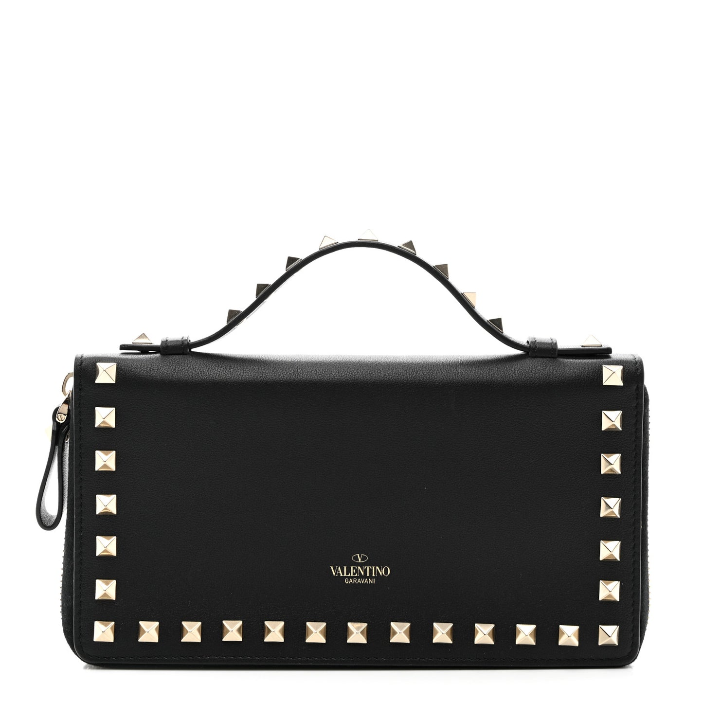 VALENTINO GARAVANI Vitello Rockstud Top Handle Travel Wallet Black
