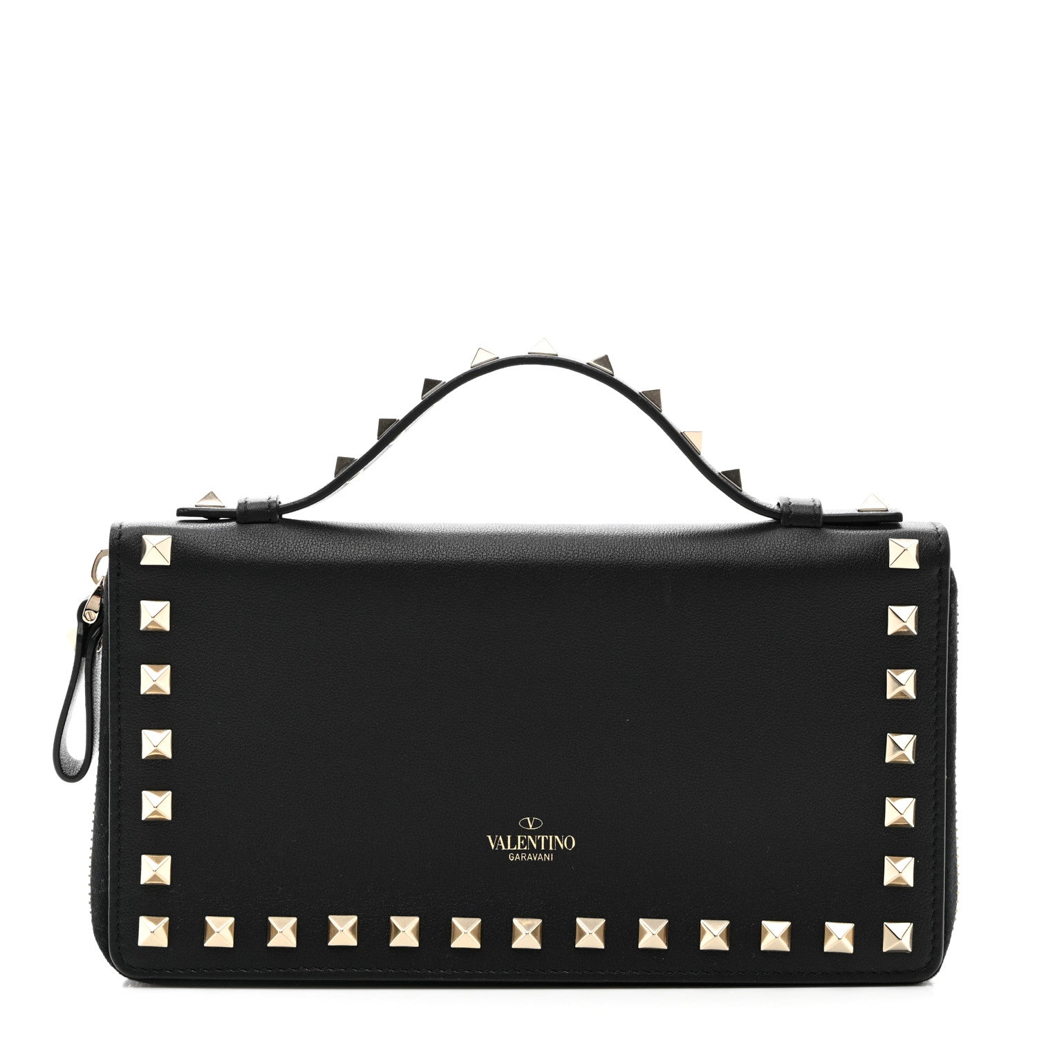Valentino Garavani VALENTINO GARAVANI Vitello Rockstud Top Handle Travel Wallet Black 1 of 7