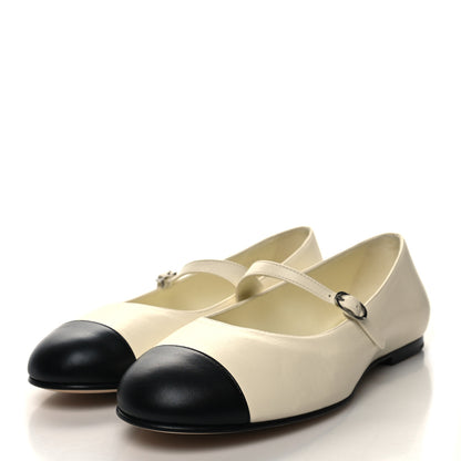 Chanel Lambskin Crystal Cap Toe CC Flats 39.5 Ivory Black 3 of 9