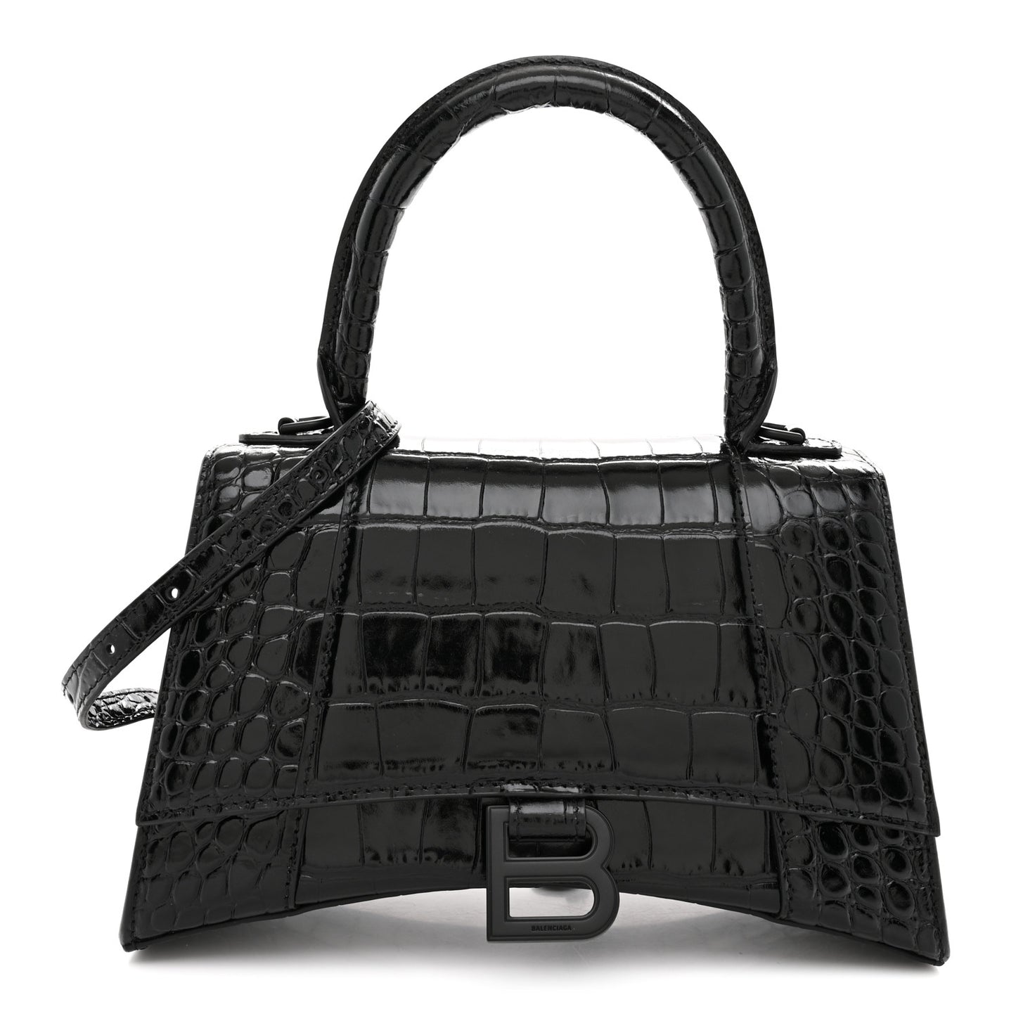 Shiny Calfskin Monochrome Crocodile Embossed Small Hourglass Top Handle Bag Black