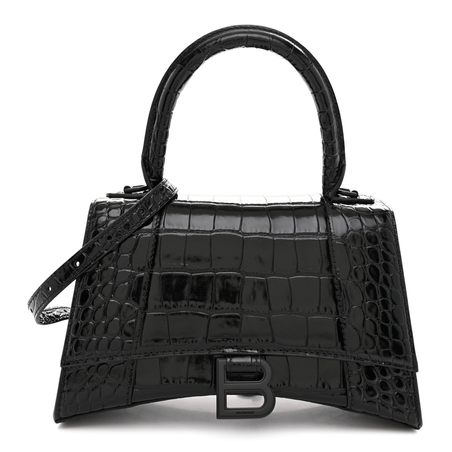 Balenciaga Shiny Calfskin Monochrome Crocodile Embossed Small Hourglass Top Handle Bag Black 1 of 11