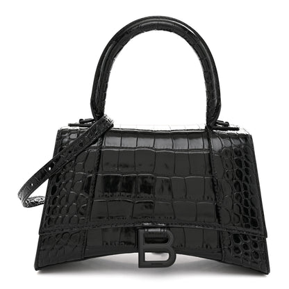Balenciaga Shiny Calfskin Monochrome Crocodile Embossed Small Hourglass Top Handle Bag Black 1 of 11