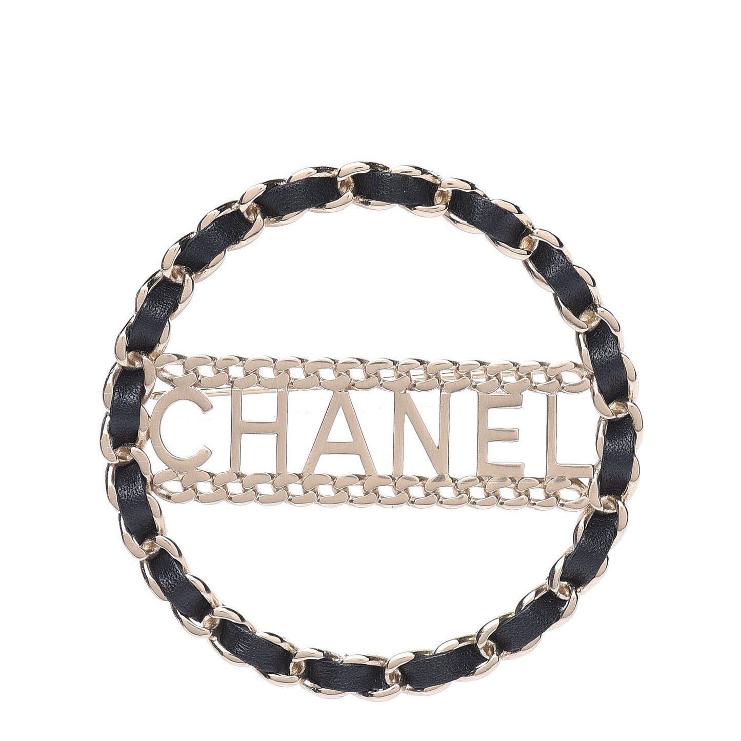 Lambskin Chain Logo Brooch Black Gold