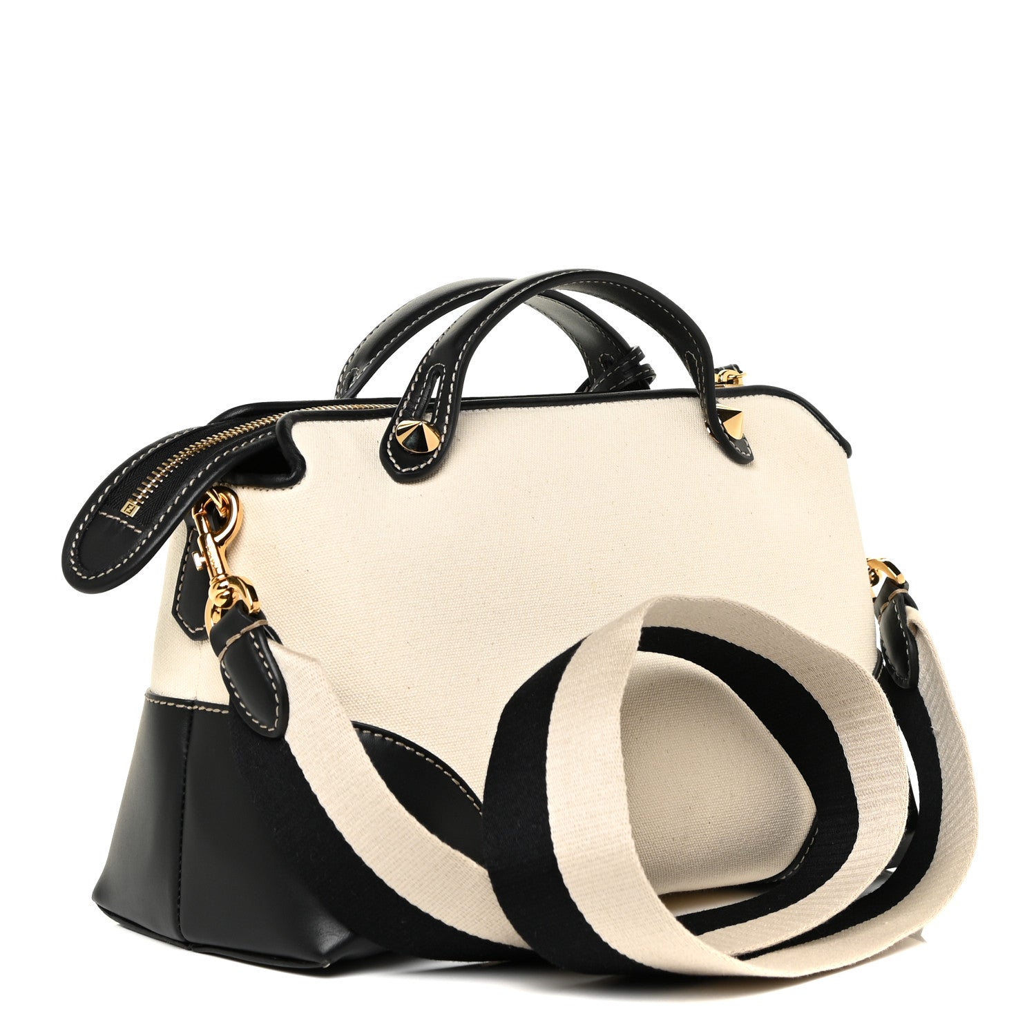 Fendi Canvas Vitello King Logo Embroidered Medium By The Way Boston Bag Grezzo Black 3 of 10