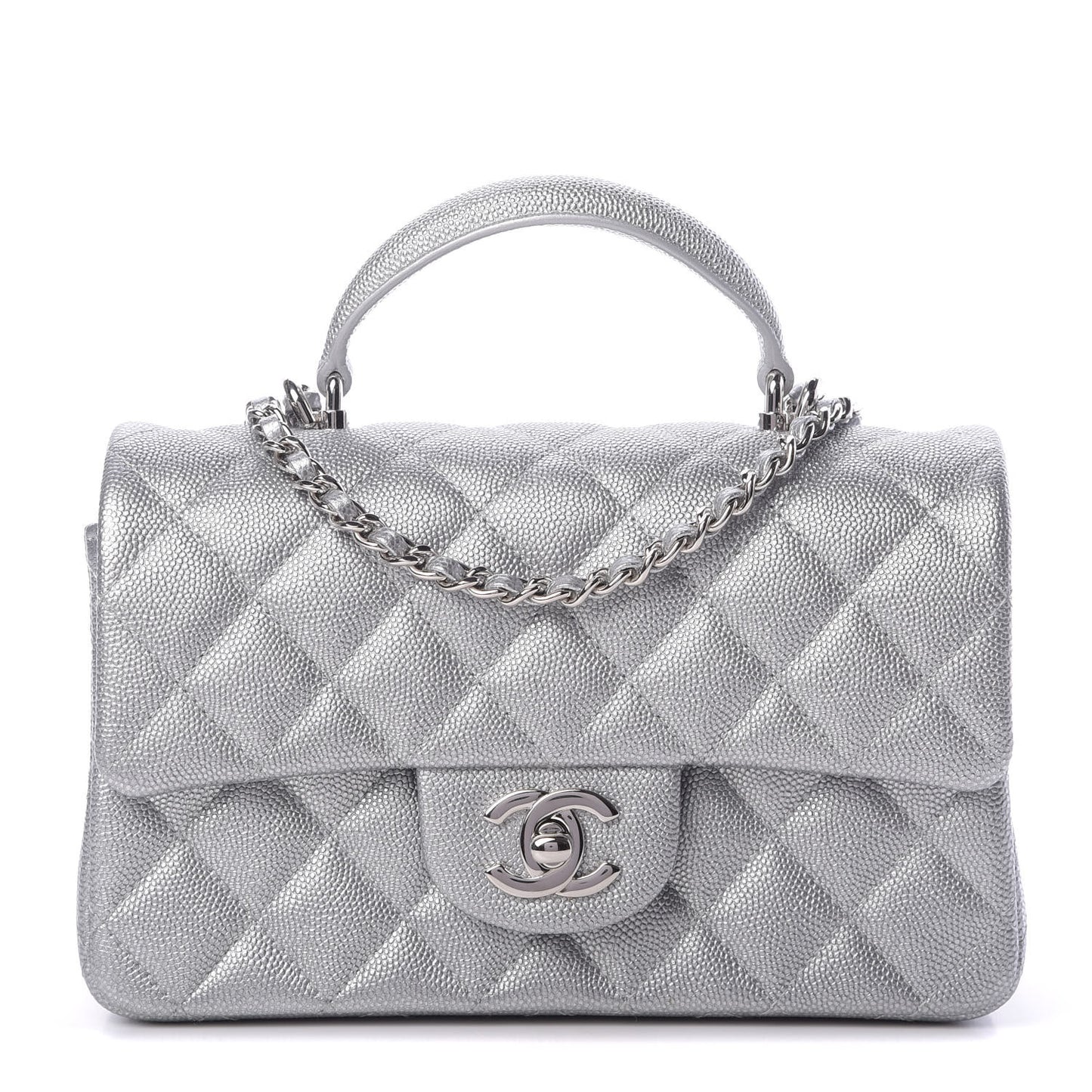 Metallic Caviar Quilted Mini Top Handle Rectangular Flap Silver