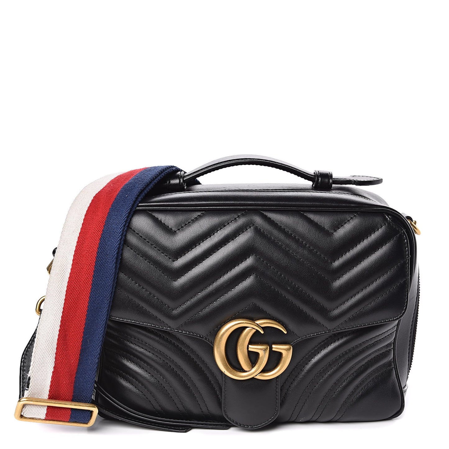 Calfskin Matelasse Sylvie Web Small GG Marmont Top Handle Shoulder Bag Black