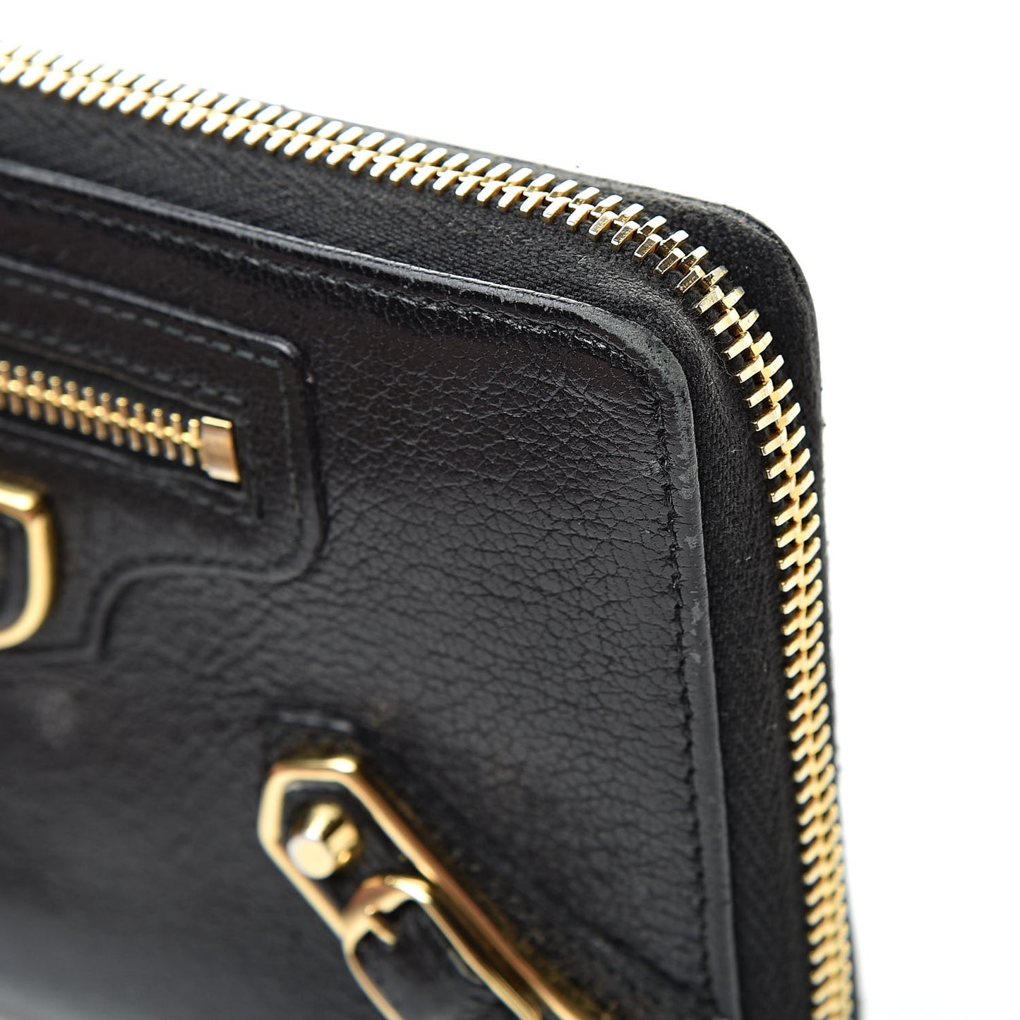 Chevre Gold Metallic Edge Hardware Zip Around Wallet Black