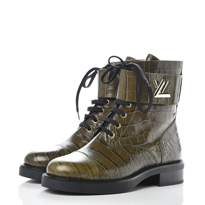 Louis Vuitton Calfskin Crocodile Embossed Wonderland Ranger Boots 37 Kaki 3 of 9