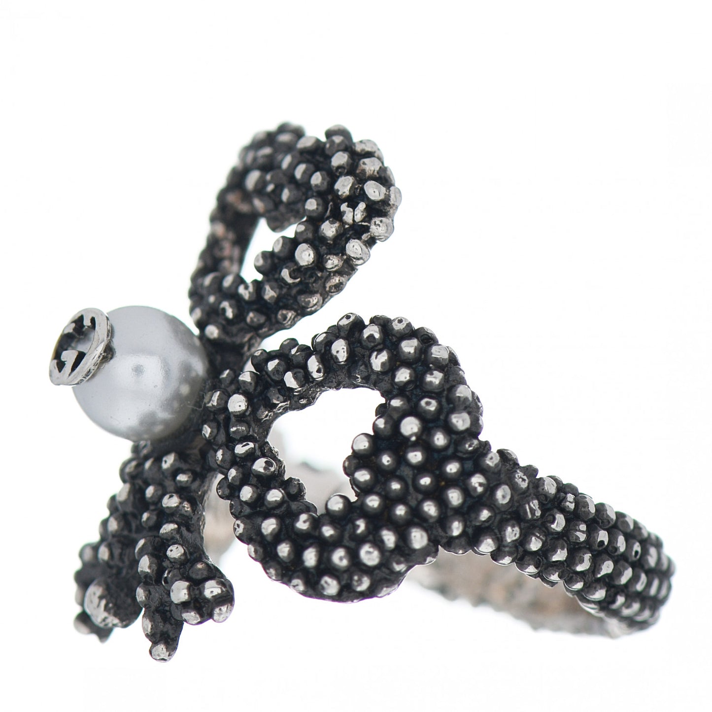 Sterling Silver Glass Pearl Heart Ribbon Ring 50 5.5