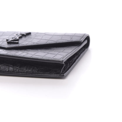 Saint Laurent Calfskin Crocodile Embossed Monogram Envelope Chain Wallet Black 9 of 10