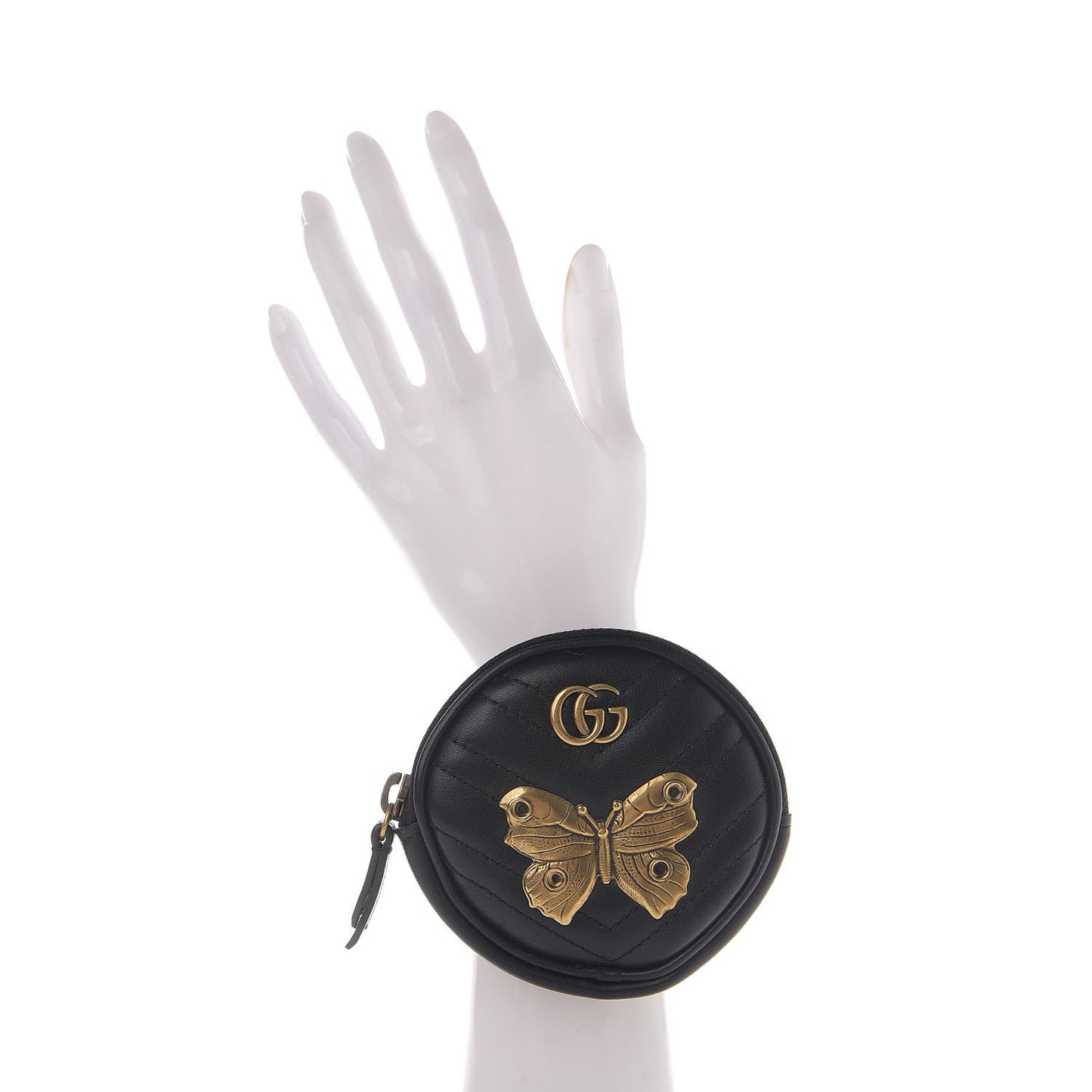Calfskin Matelasse Animal Studs GG Marmont Round Wrist Wallet Black