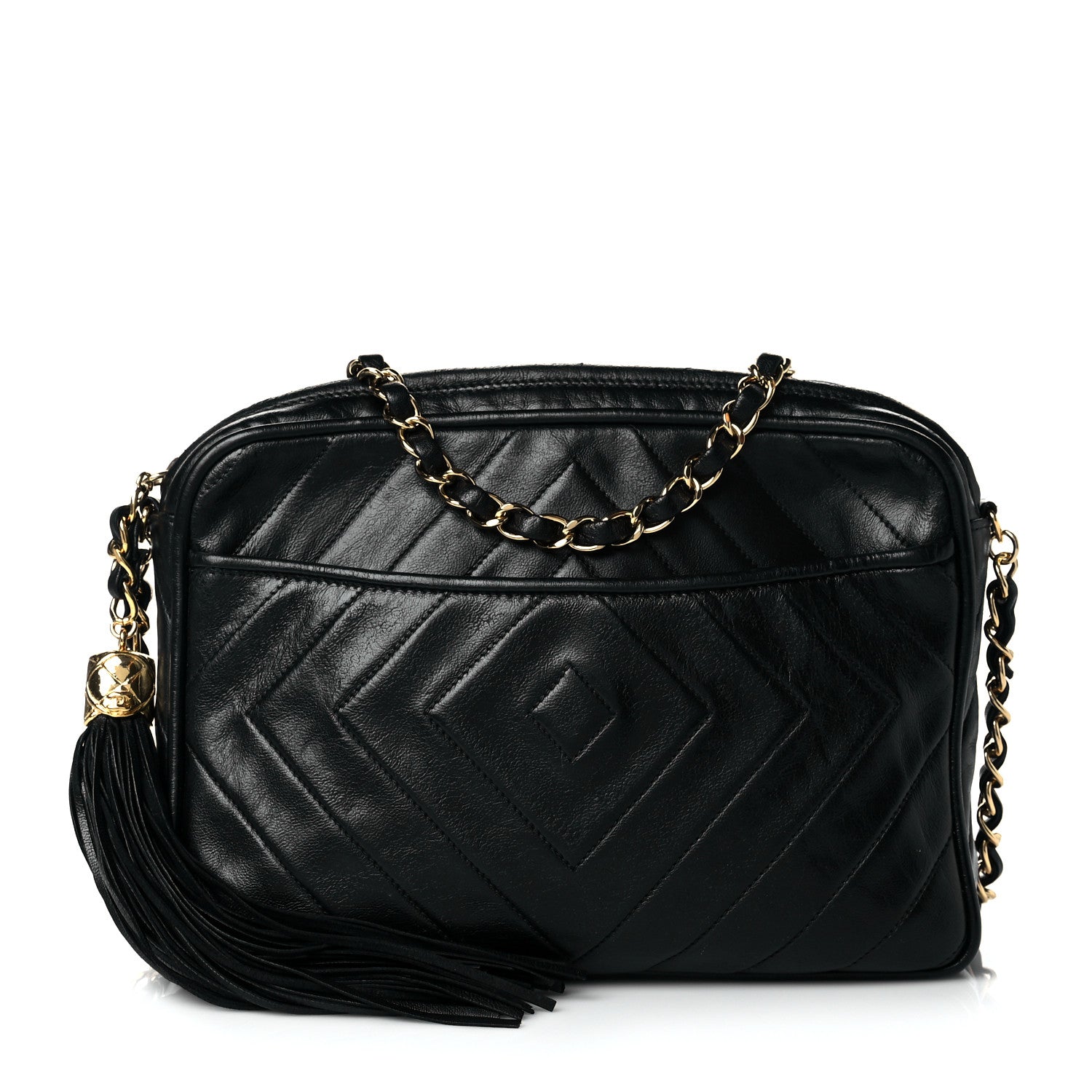 Chanel Lambskin Chevron Quilted Tassel Camera Case Black 1 of 14