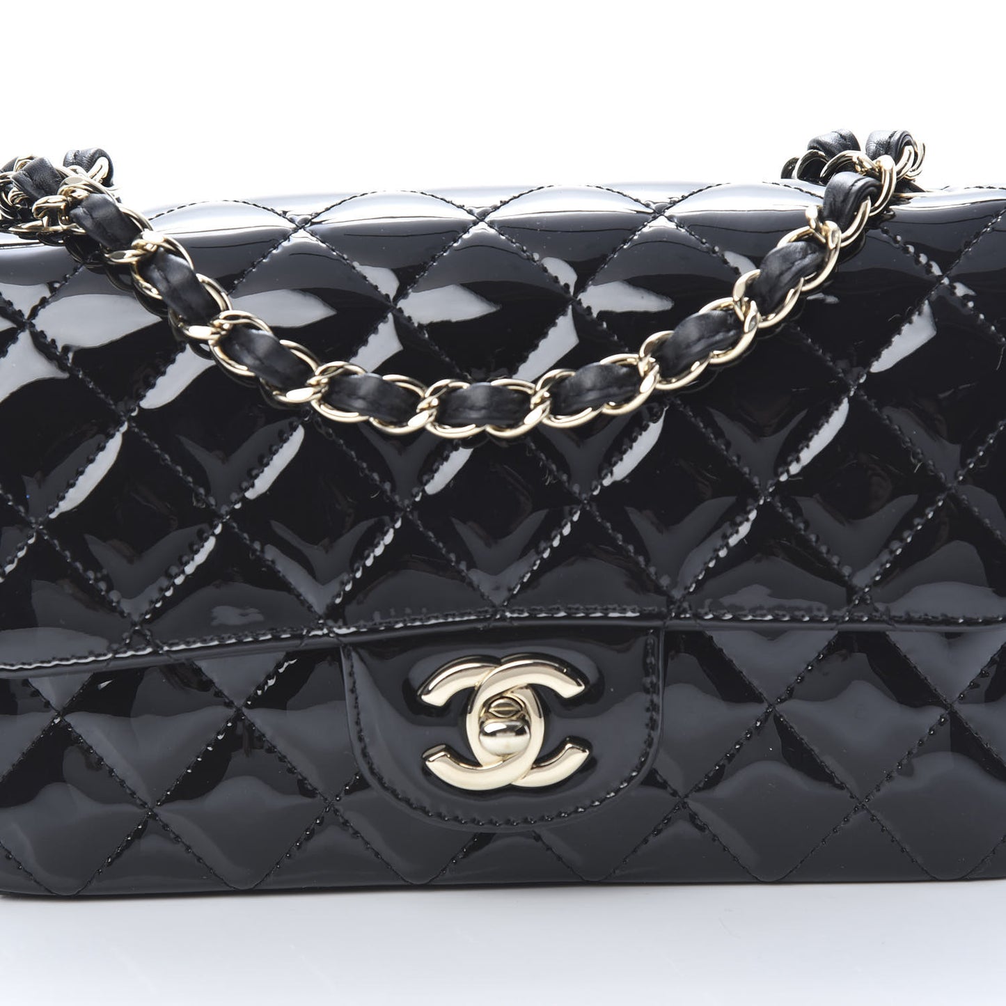 Patent Calfskin Quilted Mini Rectangular Flap Black