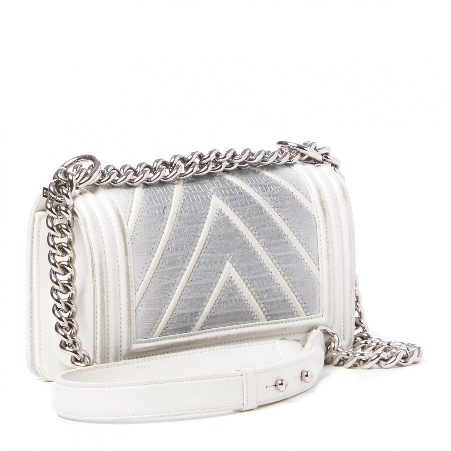 Lizard Chevron Stitched Small Boy Flap White Silver