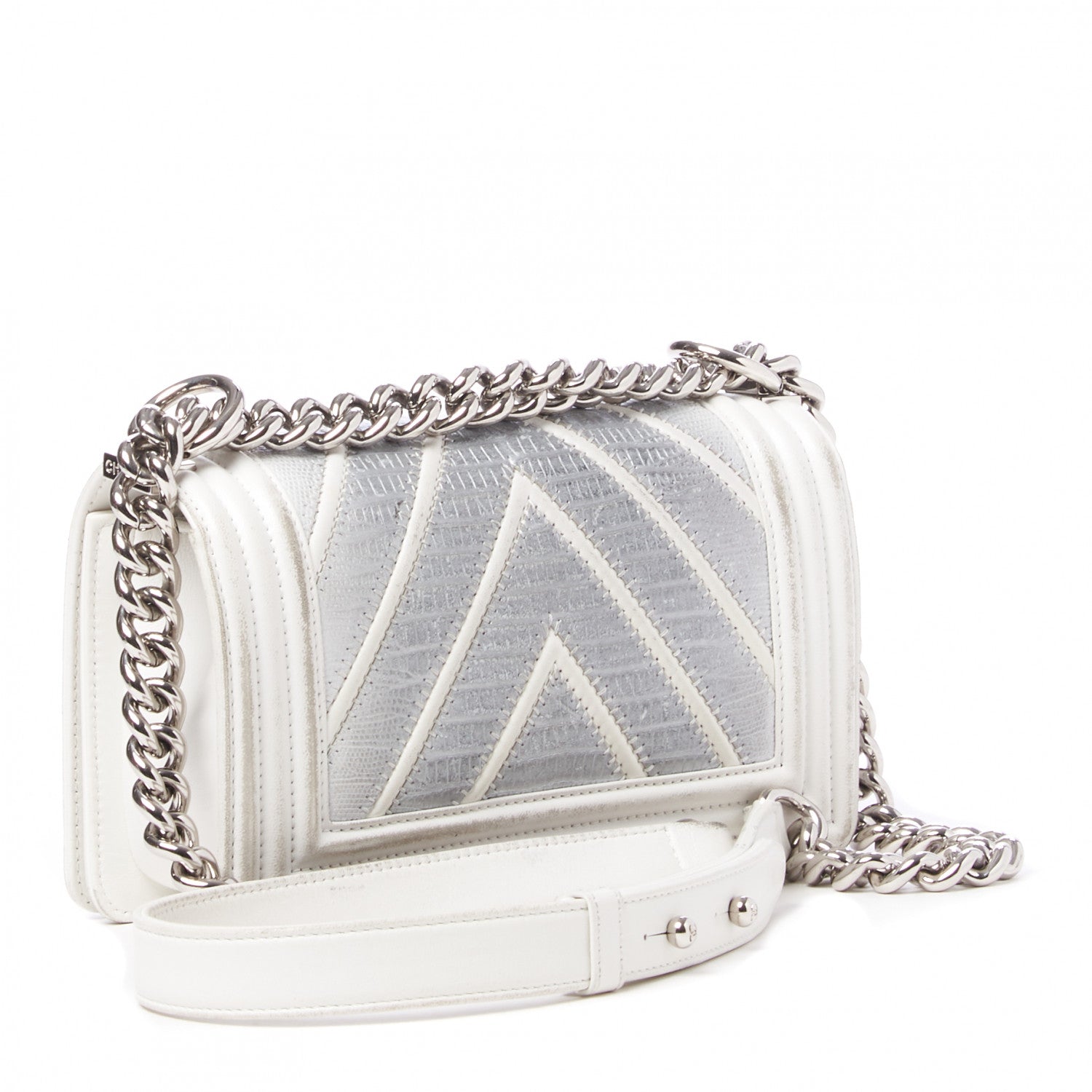 Chanel Lizard Chevron Stitched Small Boy Flap White Silver 2 of 11