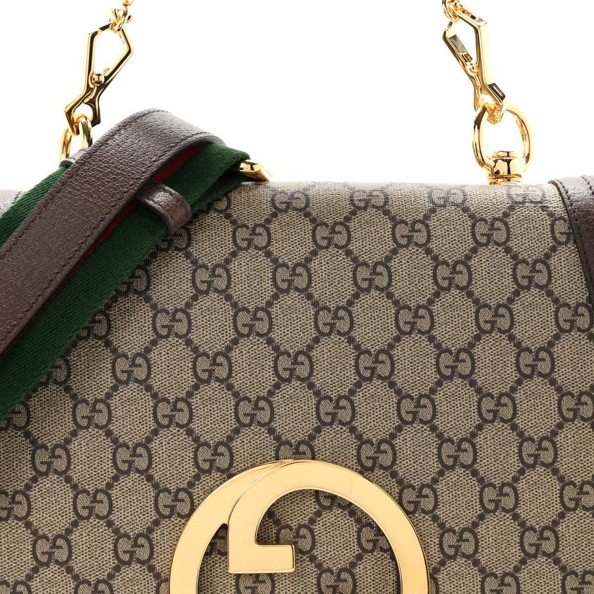 GG Supreme Monogram Textured Dollar Calfskin Web Medium Blondie Top Handle Shoulder Flap Bag Beige Ebony New Acero