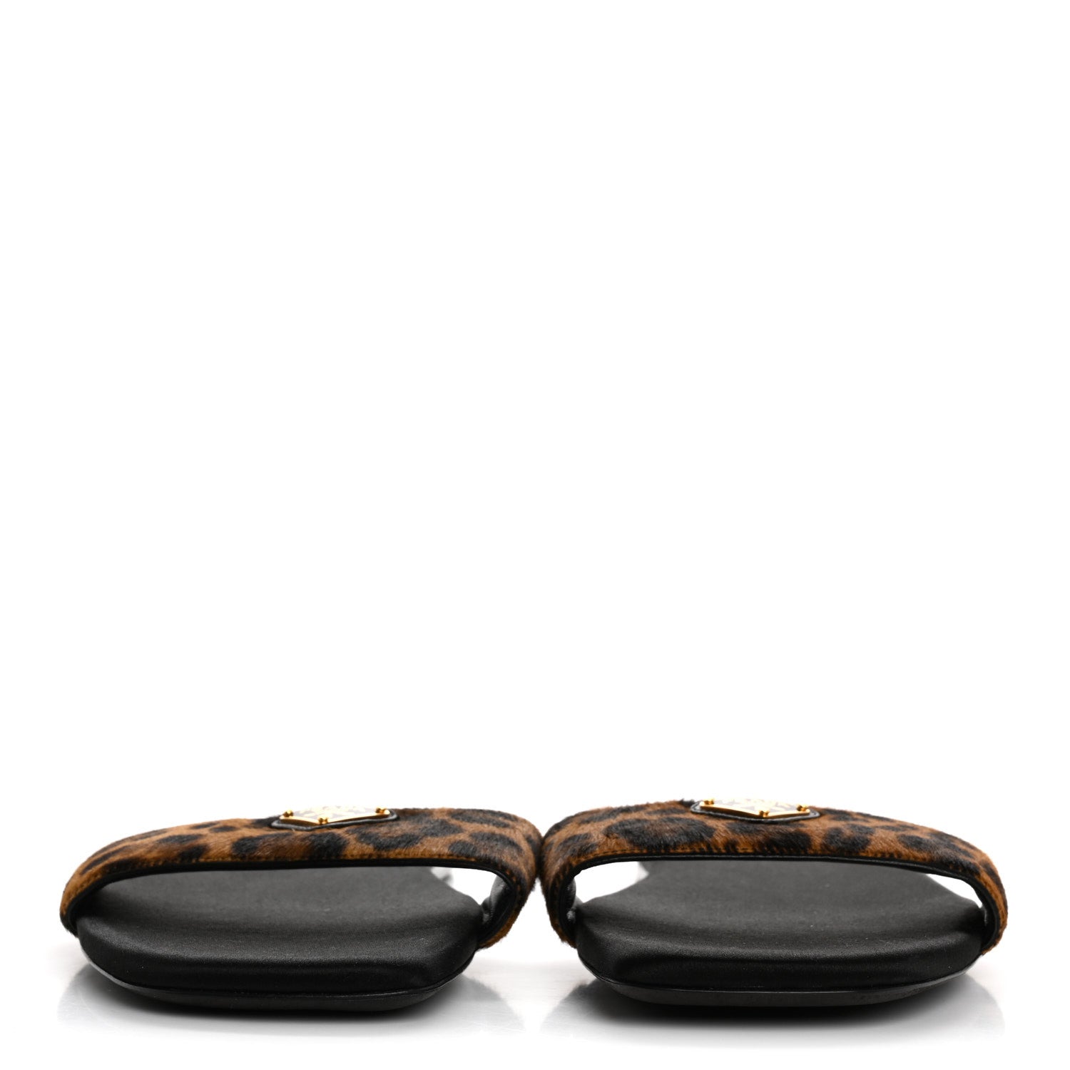 Prada Calf Hair Leopard Print Metal Triangle Logo Flat Slide Sandals 40 Miele 3 of 9