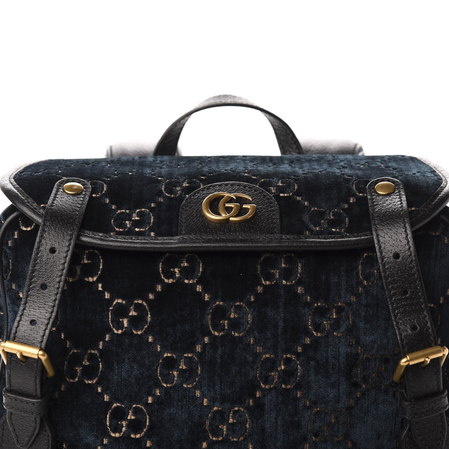 Velvet GG Monogram Textured Calfskin Web Small Double Buckle Backpack Blue Beige Black
