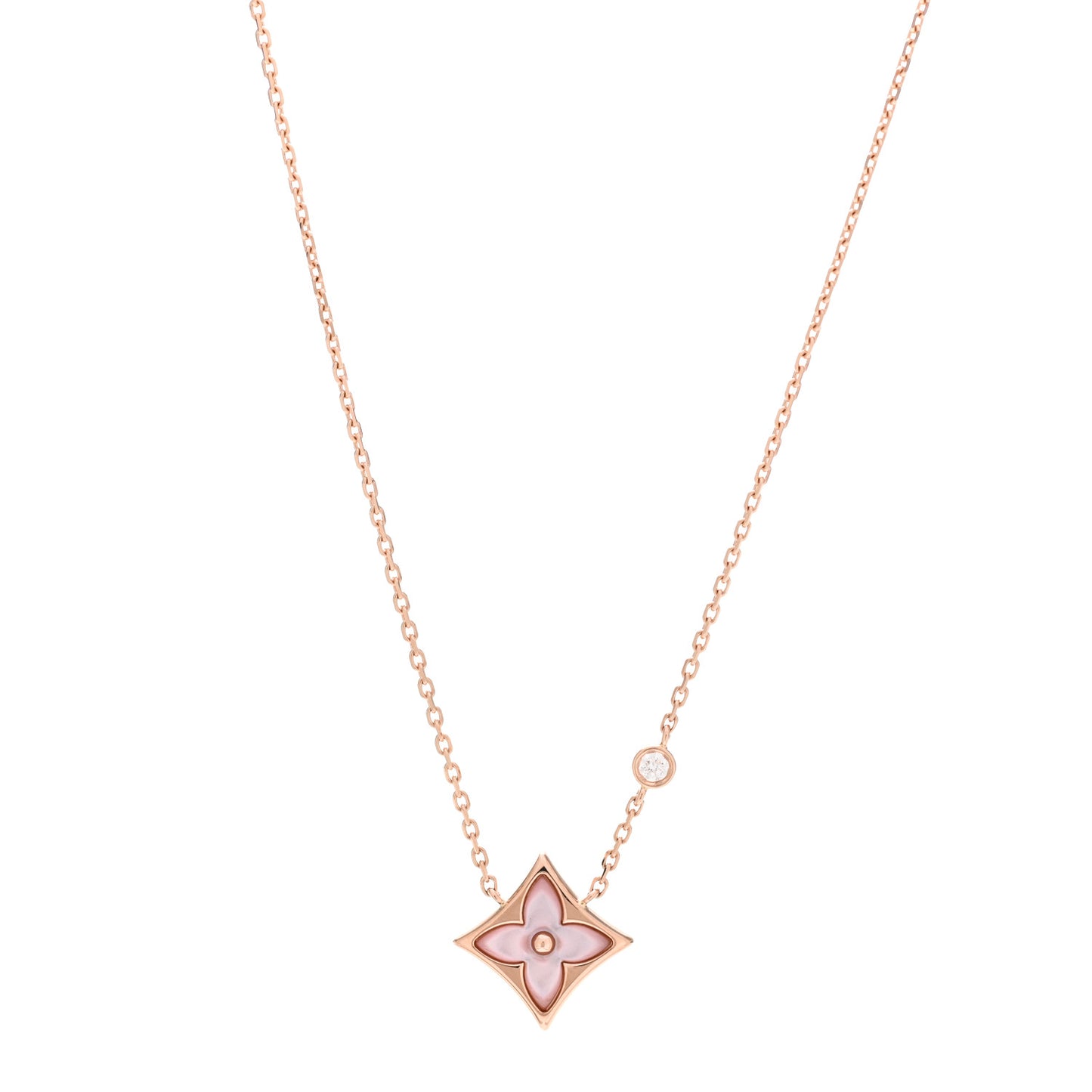 18K Pink Gold Diamond Pink Mother of Pearl Color Blossom BB Star Pendant Necklace
