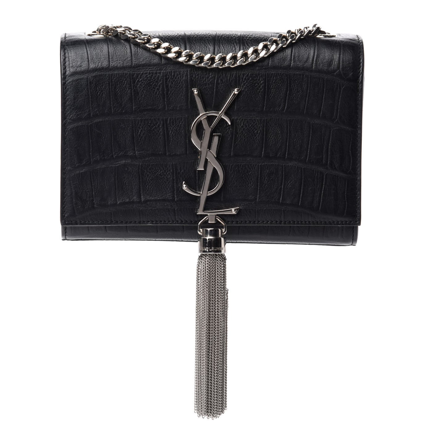 Calfskin Crocodile Embossed Monogram Small Kate Tassel Satchel Black