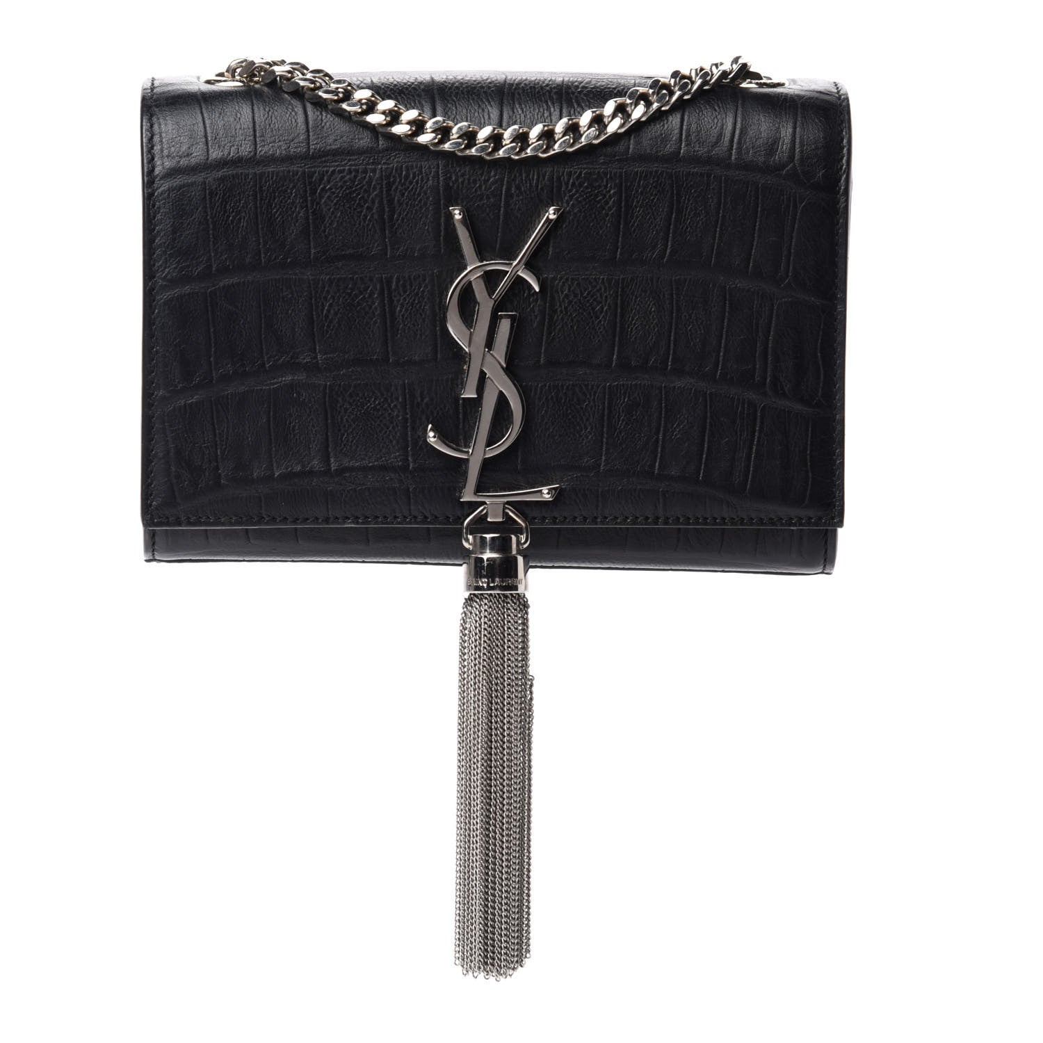 Saint Laurent Calfskin Crocodile Embossed Monogram Small Kate Tassel Satchel Black 1 of 9