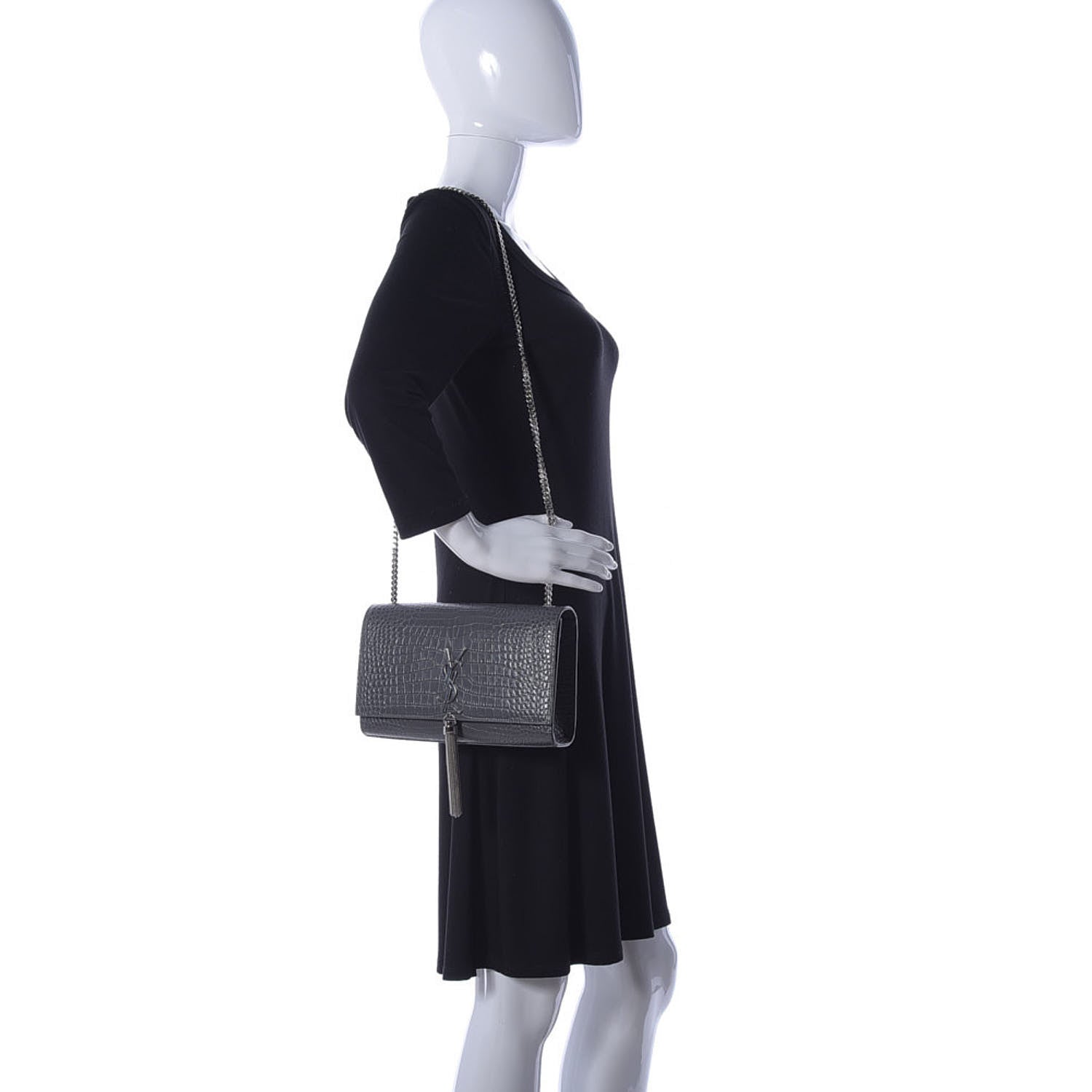 Saint Laurent Calfskin Crocodile Embossed Medium Classic Monogram Kate Tassel Satchel Fog 2 of 9