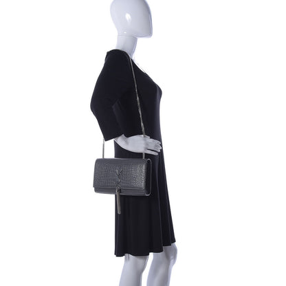 Saint Laurent Calfskin Crocodile Embossed Medium Classic Monogram Kate Tassel Satchel Fog 2 of 9