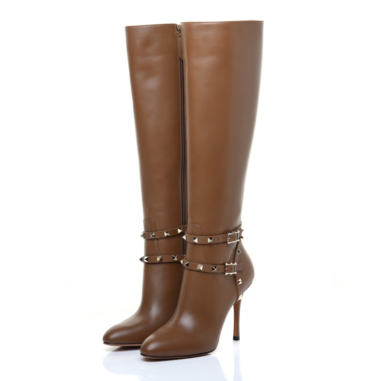 Valentino Garavani Calfskin Rockstud Knee High 100mm Boots 37 Nocciola 3 of 8