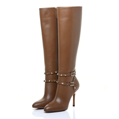 Valentino Garavani Calfskin Rockstud Knee High 100mm Boots 37 Nocciola 3 of 8