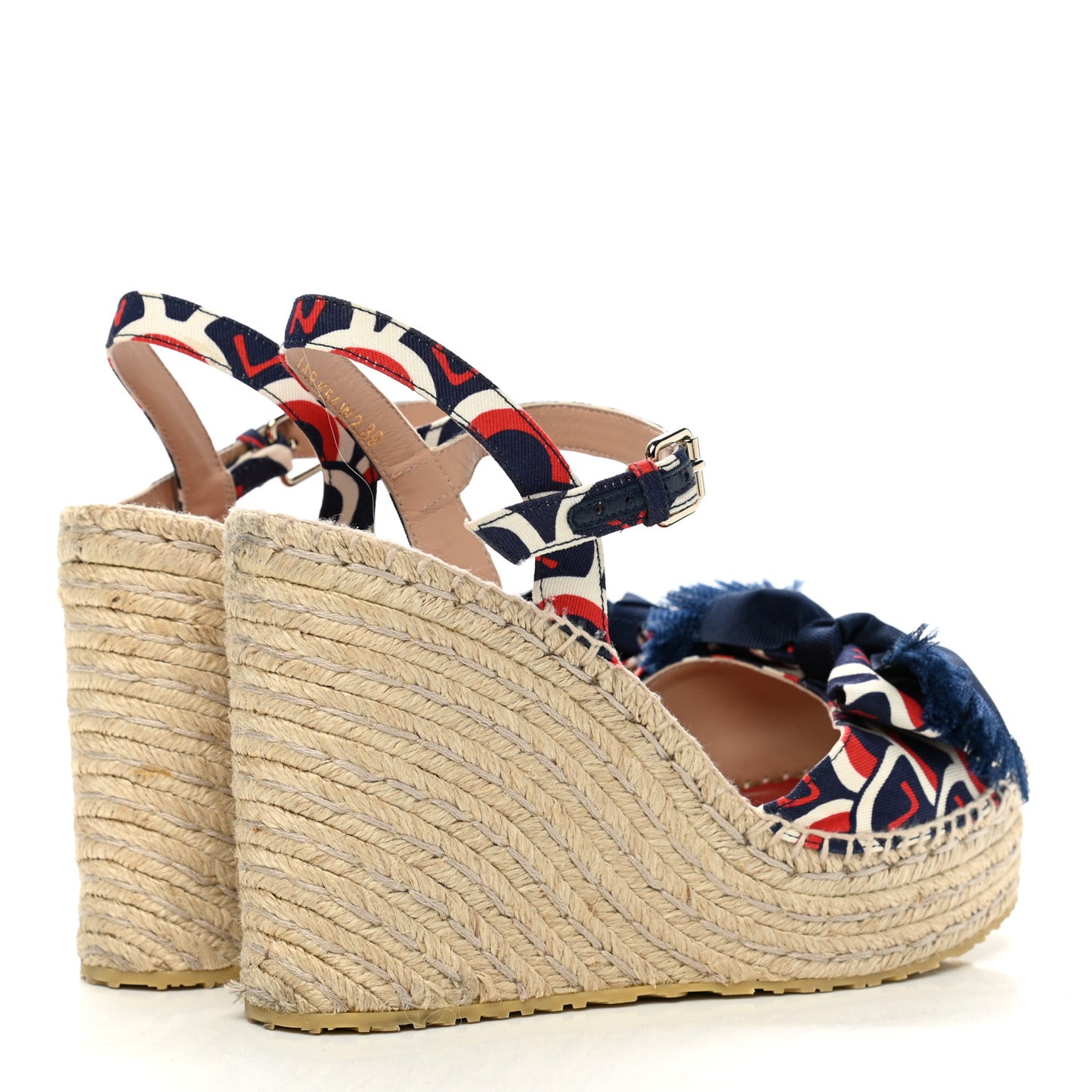 Twill Printed Bow Espadrille Wedge Sandals 39 Navy