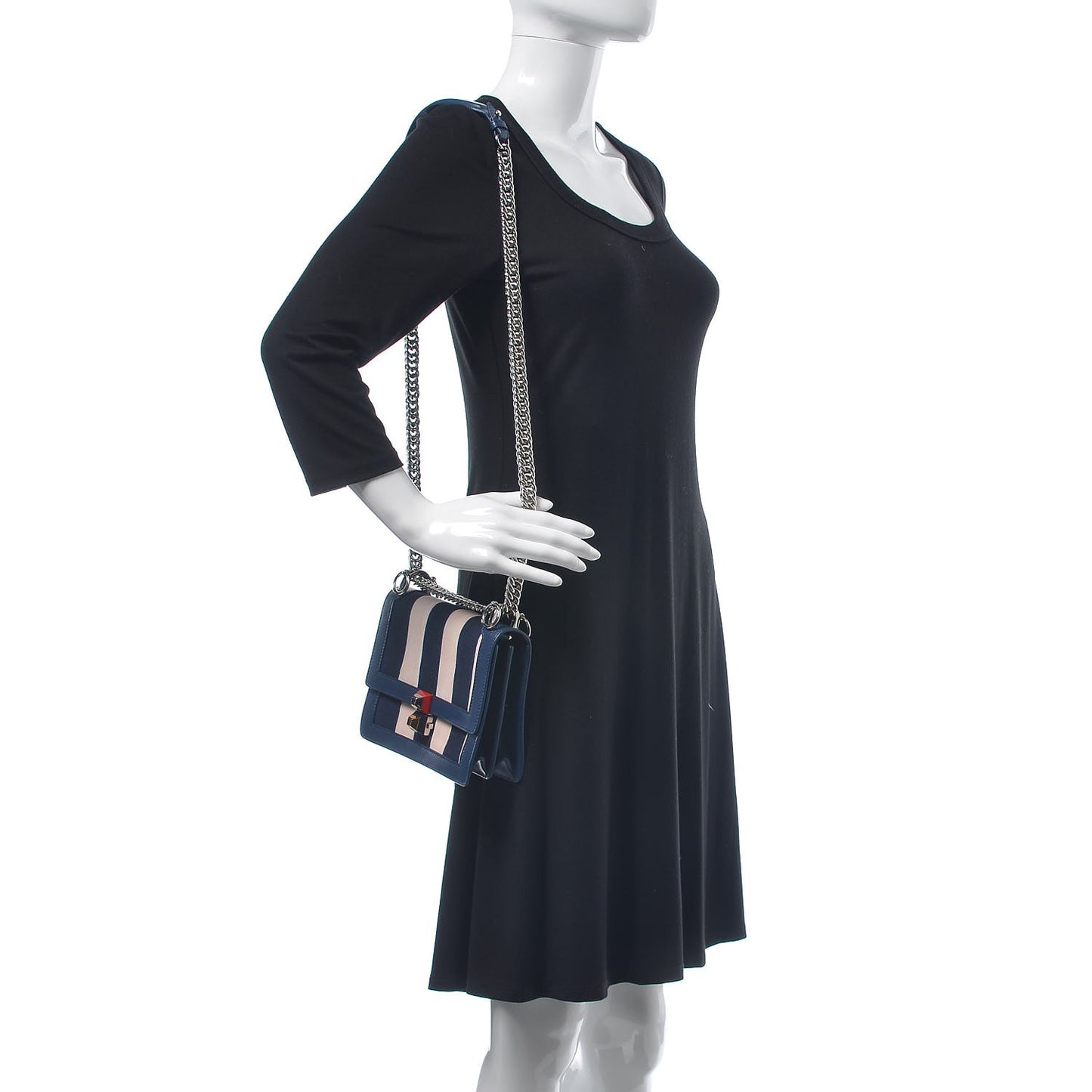 Canvas Calfskin Striped Small Kan I Shoulder Bag Midnight Blue