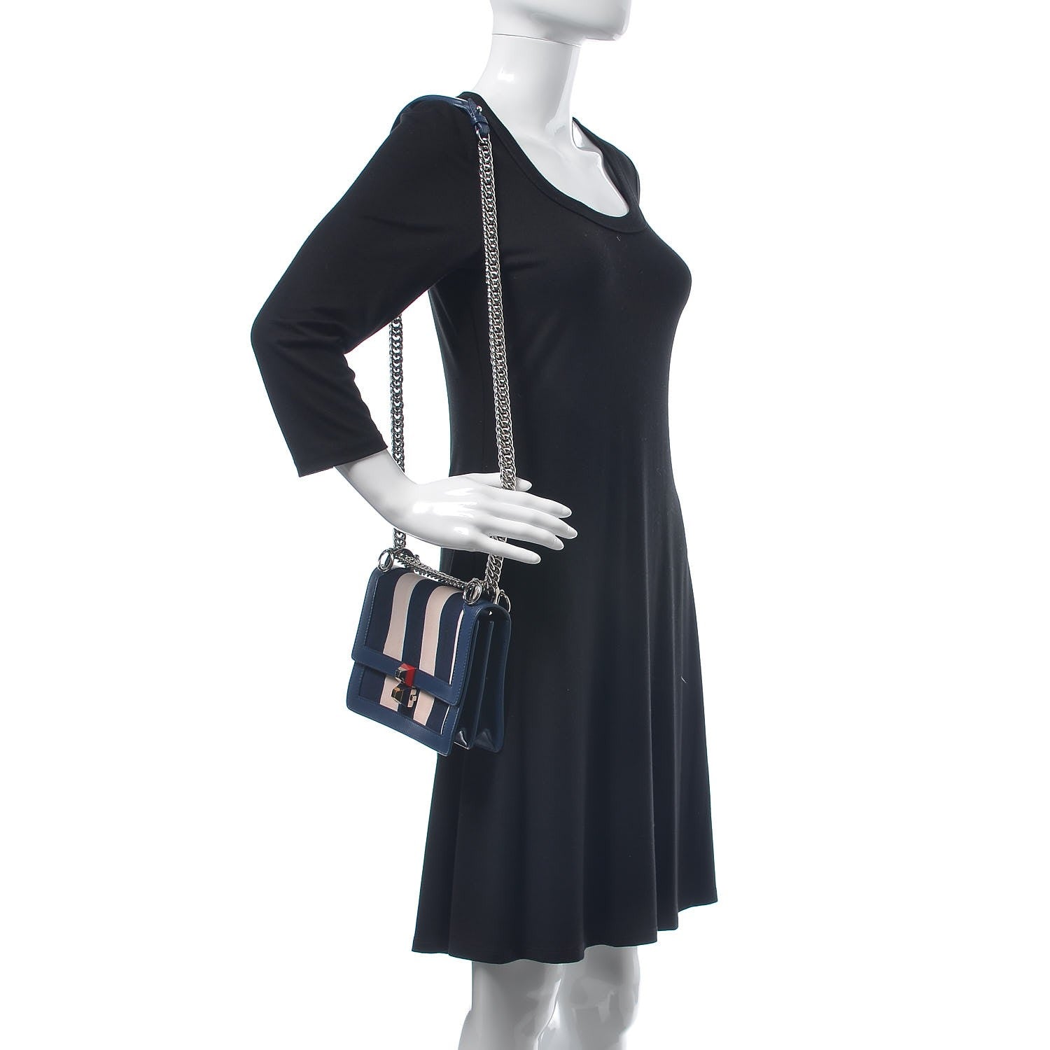 Fendi Canvas Calfskin Striped Small Kan I Shoulder Bag Midnight Blue 2 of 10