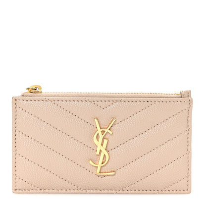 Saint Laurent Monogram Grain de Poudre 5 Fragments Zip Pouch Card Holder Dark Beige 1 of 7