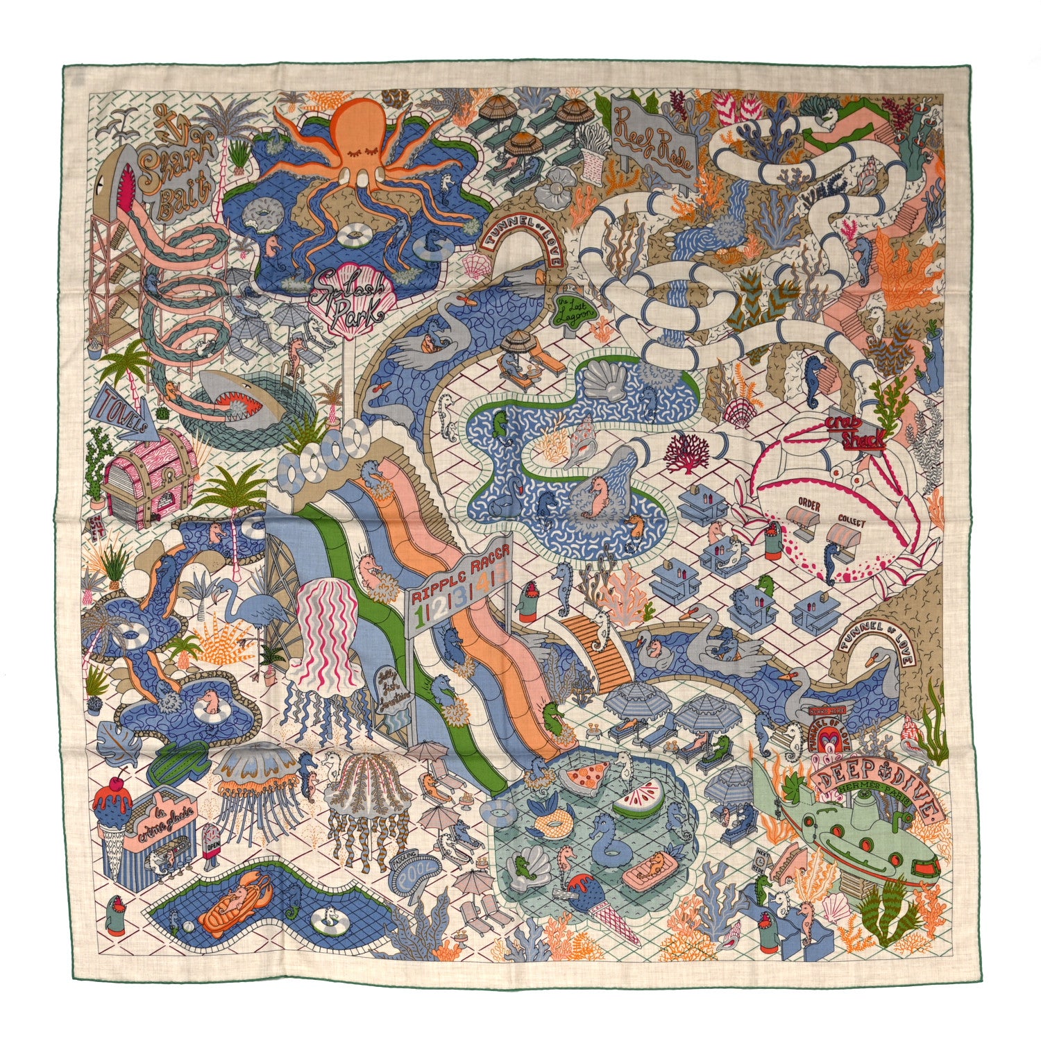 Hermes Cashmere Silk Splash Park Shawl 140 Naturel Vert Bleu 1 of 4