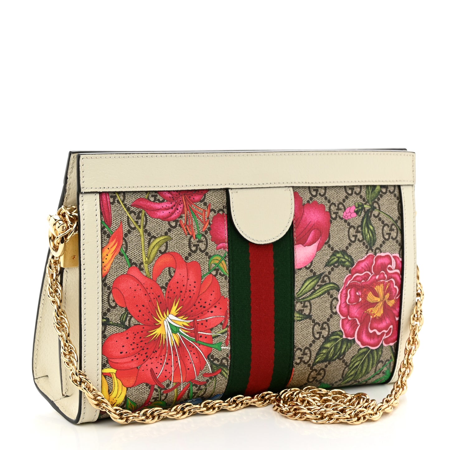 GG Supreme Monogram Flora Web Small Ophidia Chain Shoulder Bag White
