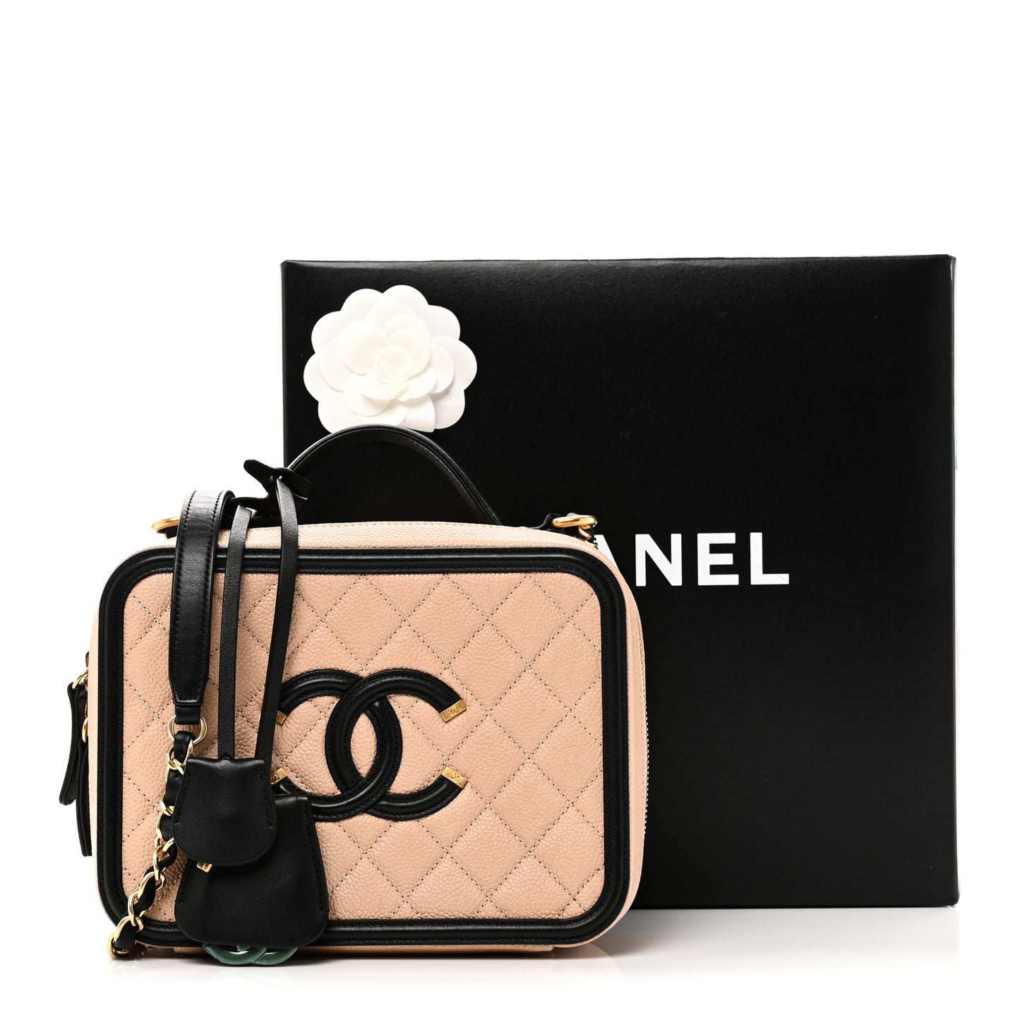 Caviar Quilted Medium CC Filigree Vanity Case Beige Black