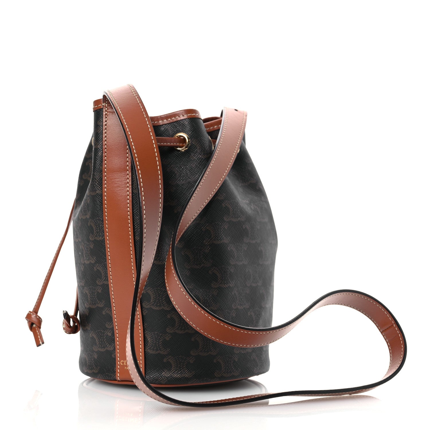 Celine Triomphe Canvas Calfskin Small Drawstring Bucket Bag Tan 3 of 11