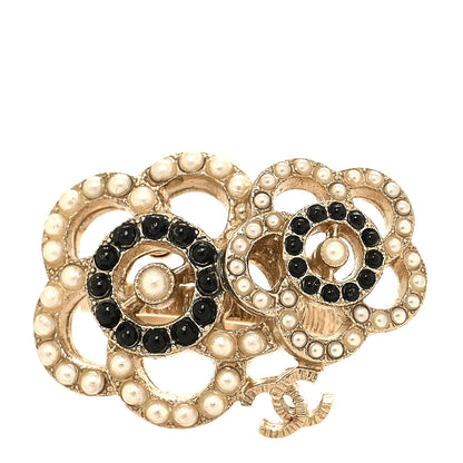 Chanel Pearl Camellia CC Ring 52 6 Gold Black White 1 of 4