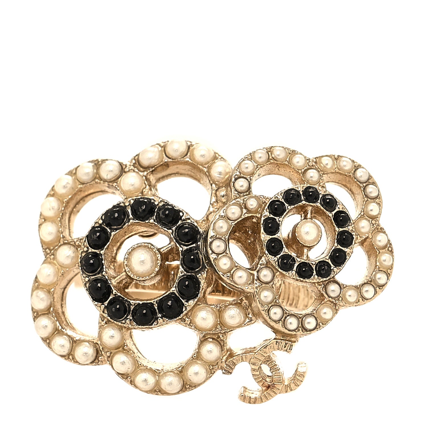 Chanel Pearl Camellia CC Ring 52 6 Gold Black White 1 of 4