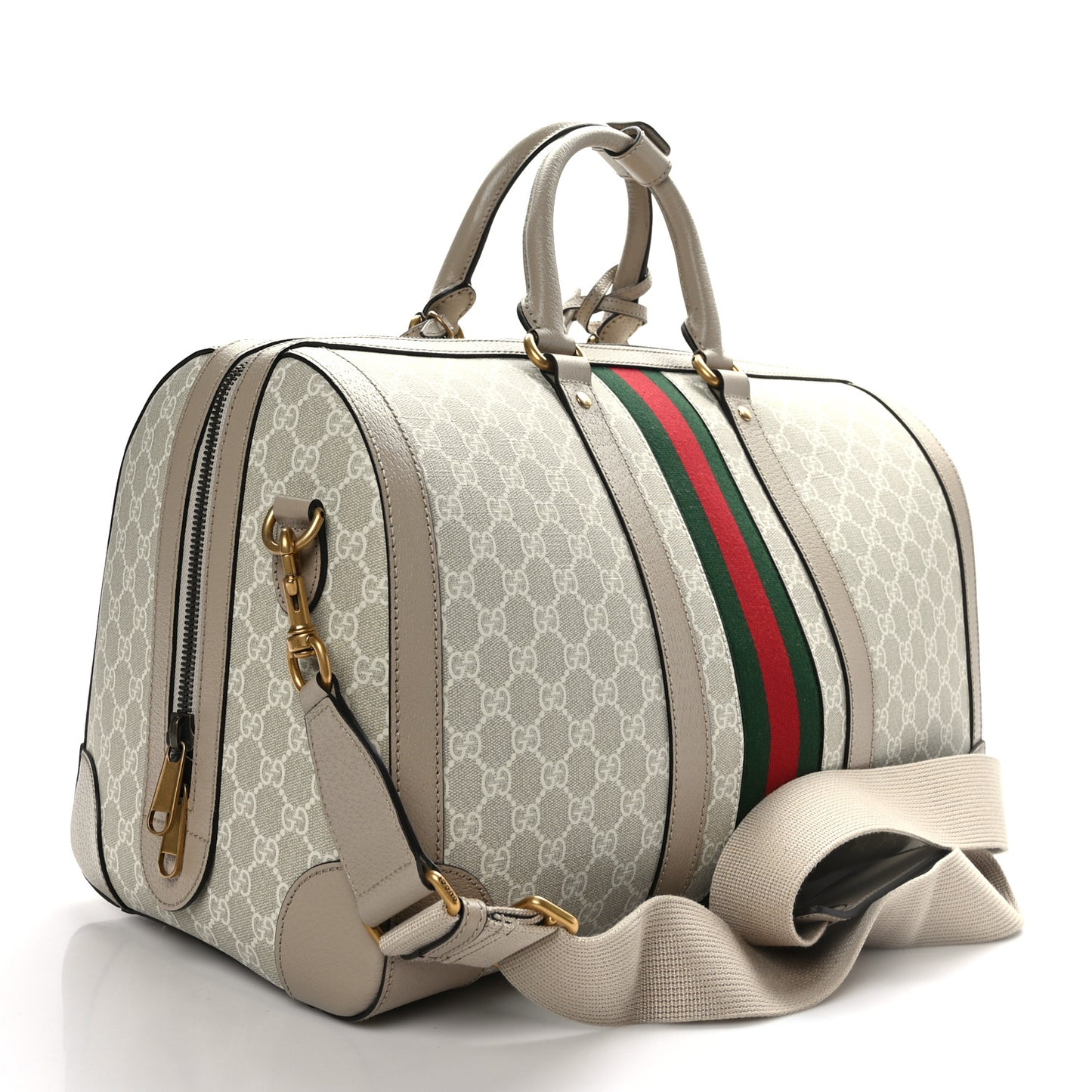 GG Supreme Monogram Textured Dollar Calfskin Web Medium Savoy Duffle Bag Beige Mystic White Oatmeal