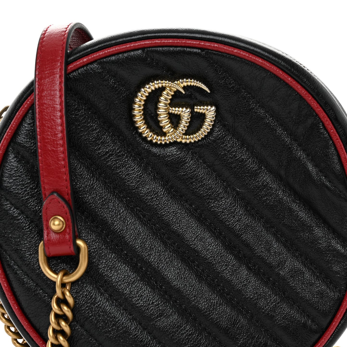Vintage Effect Calfskin Matelasse Diagonal Mini Torchon GG Marmont Round Shoulder Bag Black Romantic Cherry