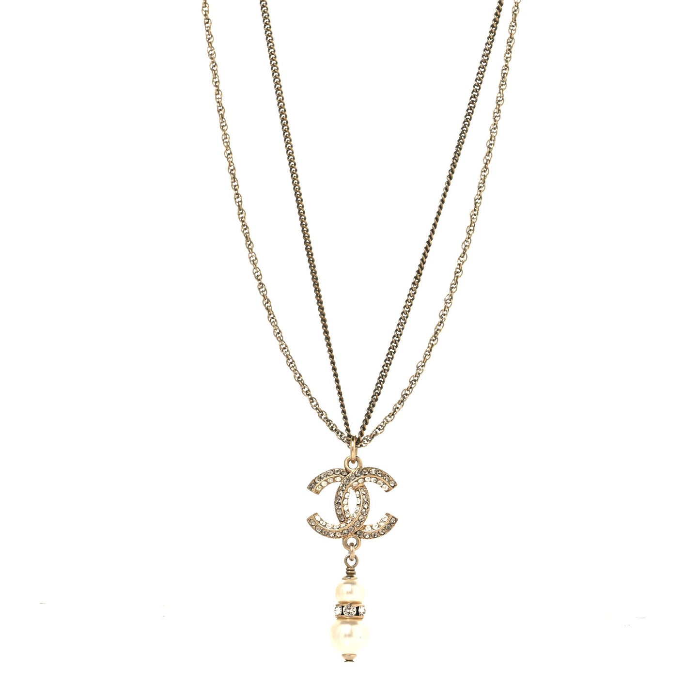 Crystal Pearl CC Drop Necklace Silver