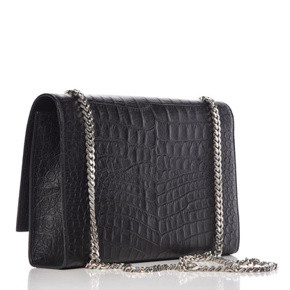 Saint Laurent Calfskin Crocodile Embossed Large Classic Monogram Kate Satchel Black 3 of 9