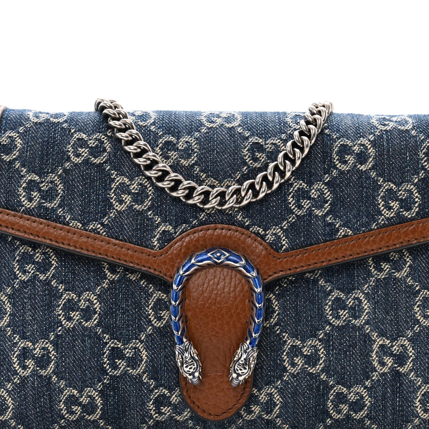 New Denim GG Monogram Dollar Calfskin Enamel Mini Dionysus Chain Wallet Blue Tea Cuir Epilog Electric Blue