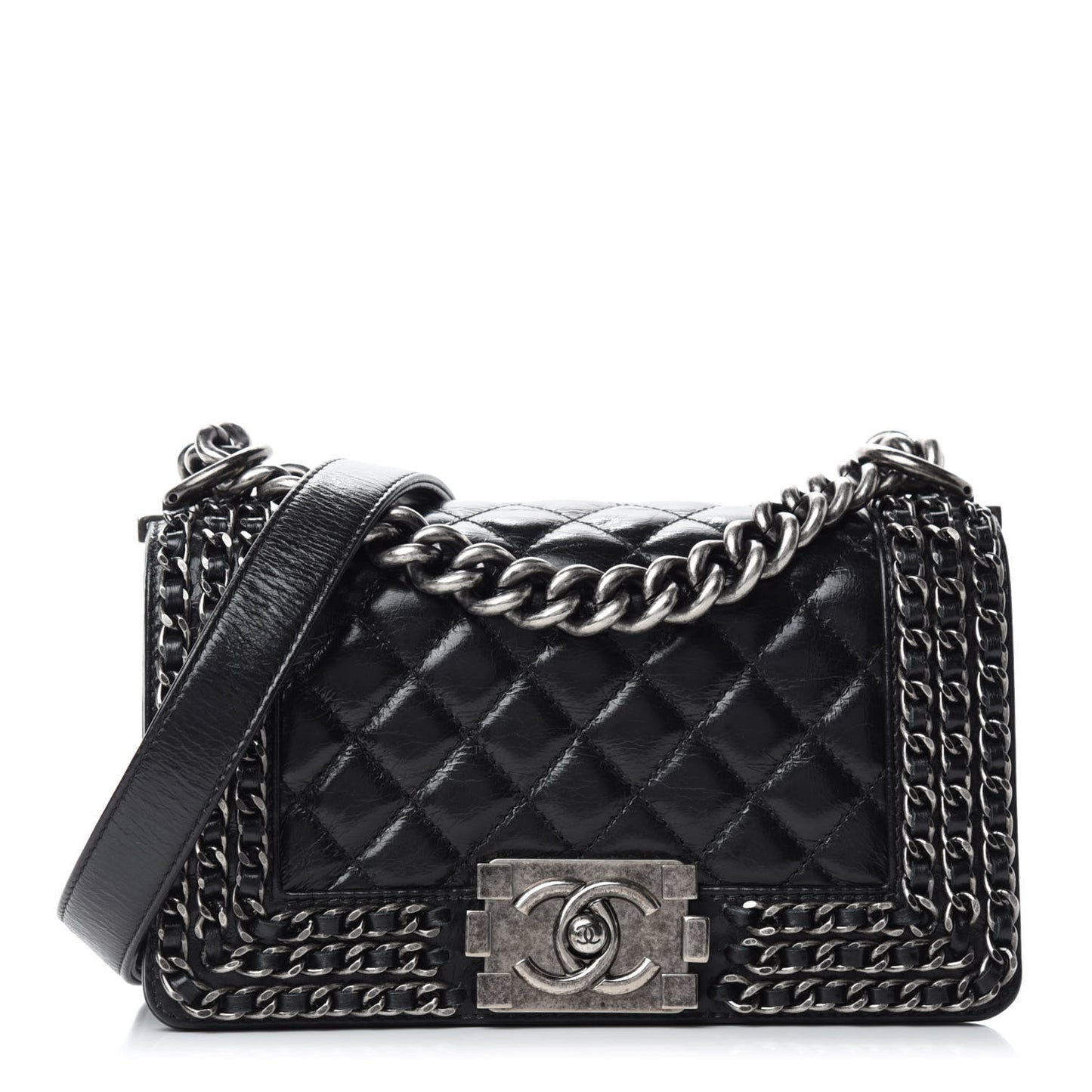 Glazed Calfskin Quilted Small Boy Chained Flap Black