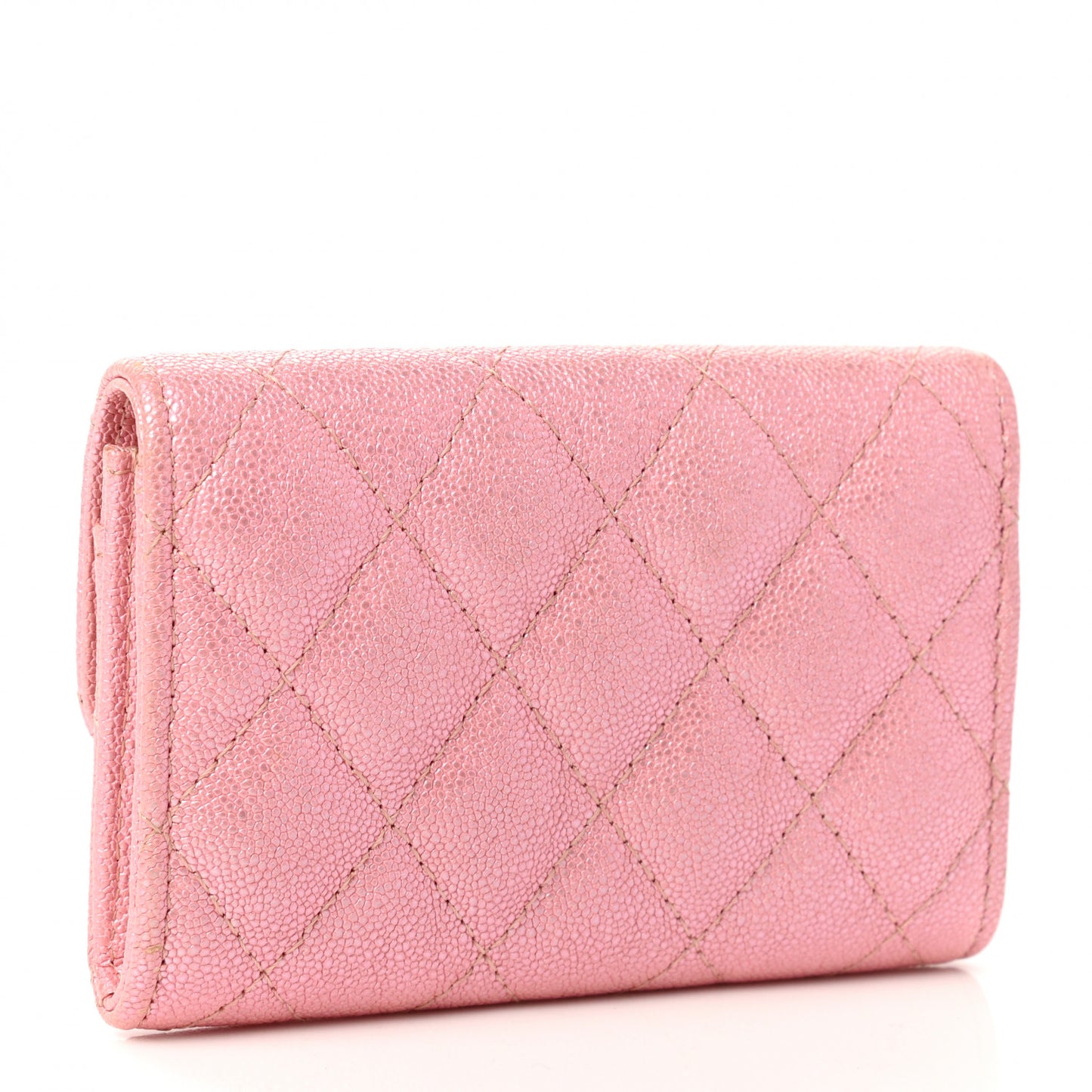 Iridescent Caviar Quilted Flap Card Holder Rose Pink