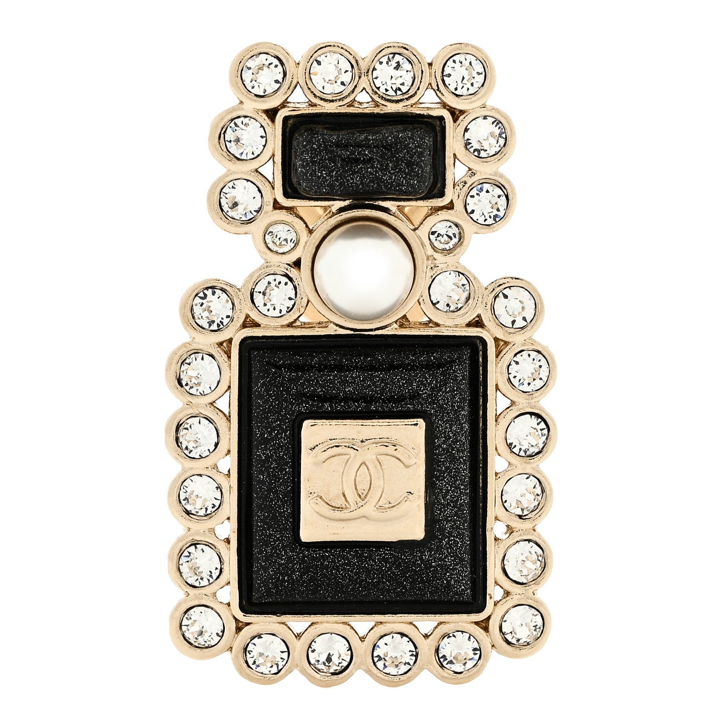 Resin Crystal Pearl Perfume Bottle CC Brooch Black Gold