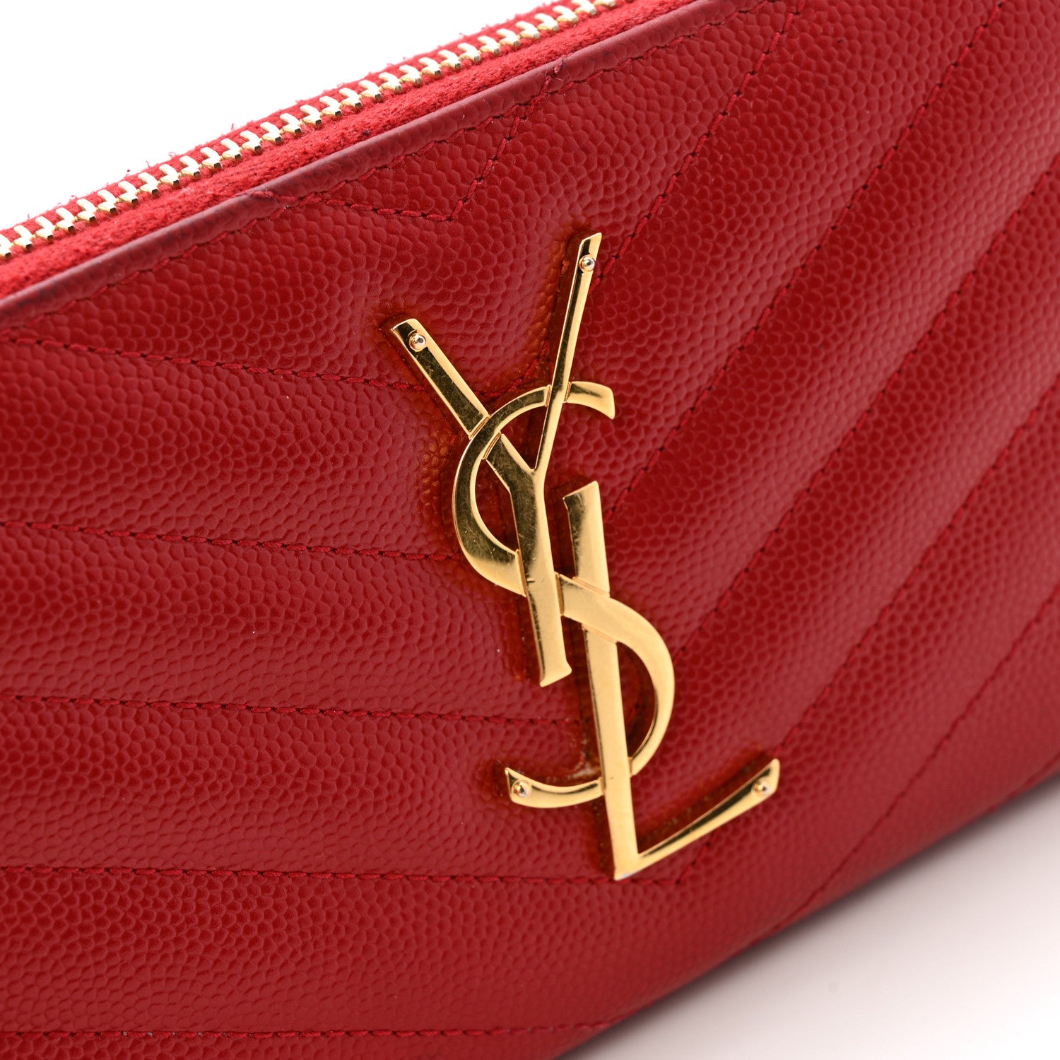 Saint Laurent Grain De Poudre Matelasse Chevron Monogram Zip Around Wallet Red 12 of 13